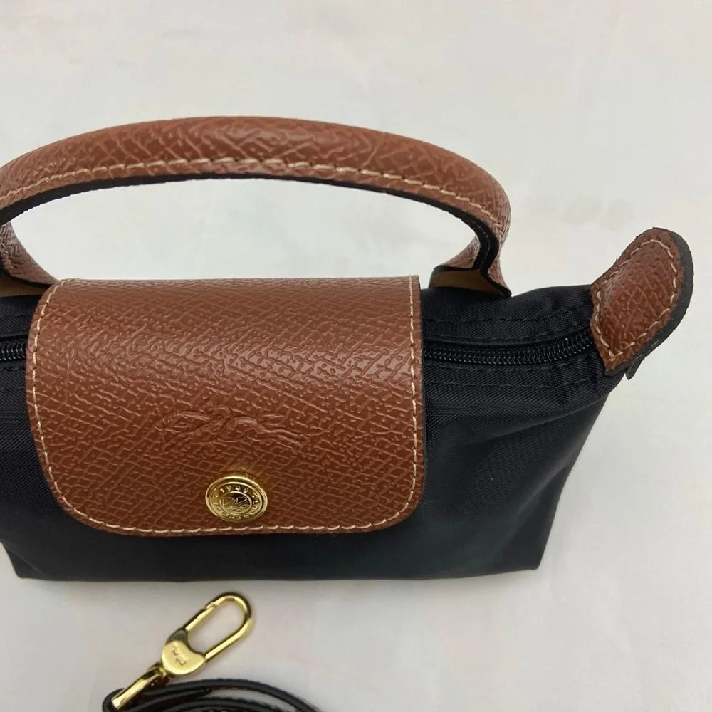 Longchamp Black Mini Top-Handle Bag with Brown Trim - Picture 3 of 4